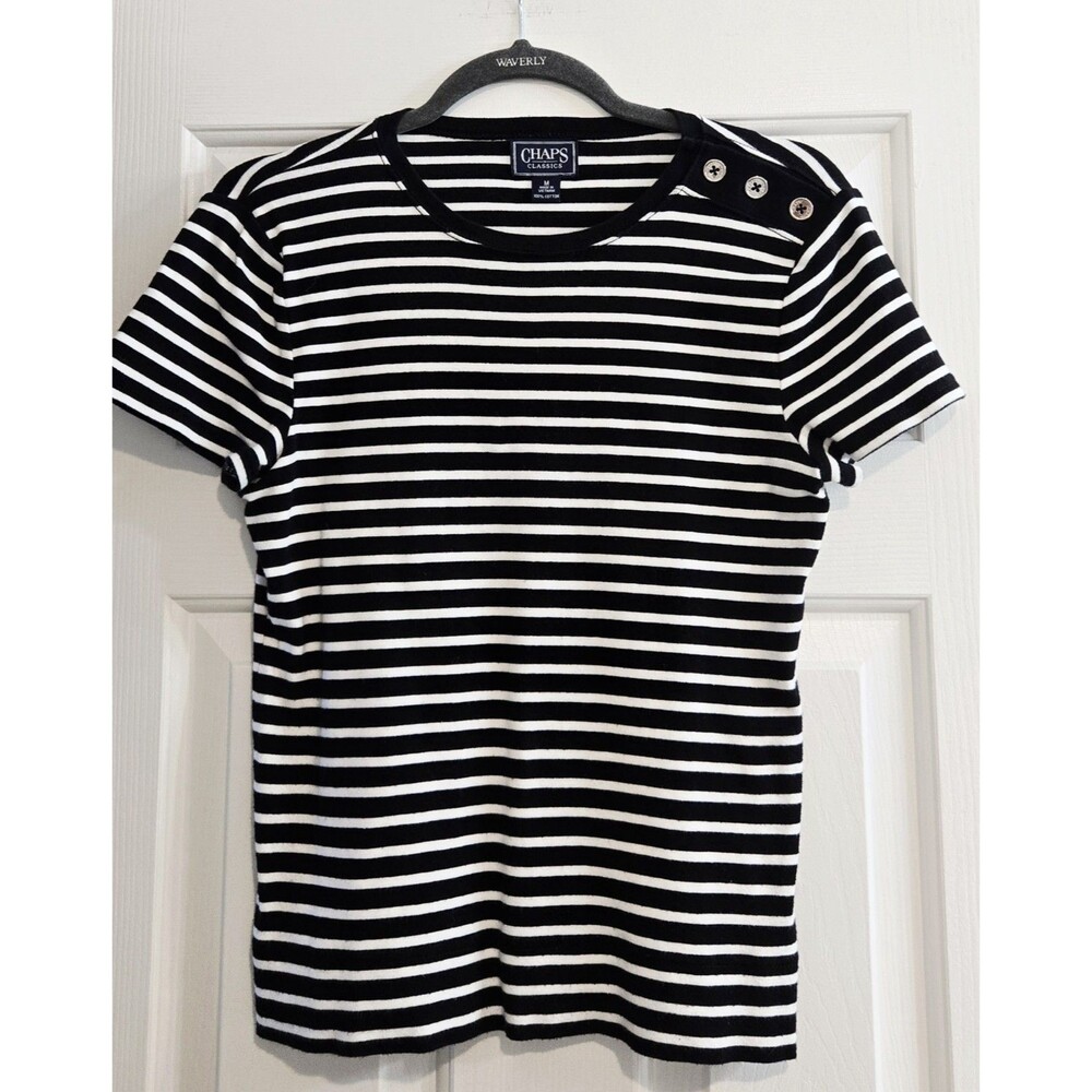 CHAPS Classics Striped Button Shoulder Top Tee Medium M Navy White Nautical Crew